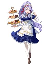 Rule 34 | 1girl, apron, breasts, cake, cake slice, cup, detached collar, dress, fire emblem, fire emblem: genealogy of the holy war, fire emblem heroes, floating, floating object, food, frilled dress, frills, fruit, full body, highres, holding, long dress, long hair, looking at viewer, macaron, maid, maid headdress, medium breasts, nintendo, non-web source, official art, open mouth, pantyhose, pastry, ponytail, puffy short sleeves, puffy sleeves, purple eyes, purple hair, shoes, short sleeves, sidelocks, smile, solo, strawberry, tailtiu (fire emblem), teacup, tiered tray, transparent background, urata asao