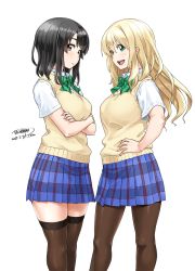 Rule 34 | 2015, 2girls, :d, alternate costume, atago (kancolle), ayase eli, ayase eli (cosplay), black hair, black legwear, blonde hair, bow, bowtie, breasts, brown eyes, contemporary, contrapposto, cosplay, crossed arms, dated, from side, green eyes, hair between eyes, hand on own hip, highres, kantai collection, look-alike, looking at viewer, love live!, love live! school idol project, multiple girls, open mouth, pantyhose, plaid, plaid skirt, pleated skirt, school uniform, signature, simple background, skirt, smile, standing, sweater vest, tachibana roku, takao (kancolle), thighhighs, tojo nozomi (cosplay), tojo nozomi, vest, white background, zettai ryouiki