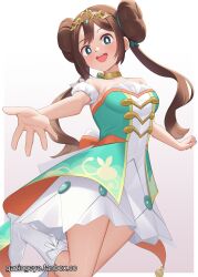 Rule 34 | 1girl, :d, bare shoulders, blue eyes, boots, brown hair, commentary, creatures (company), double bun, dress, game freak, gazing eye, hair bun, highres, knee boots, leg up, long hair, looking at viewer, nintendo, official alternate costume, open mouth, outstretched hand, pokemon, pokemon masters ex, rosa (champion) (pokemon), rosa (pokemon), simple background, smile, solo, strapless, strapless dress, sweat, teeth, tiara, twintails, upper teeth only, white dress, white footwear