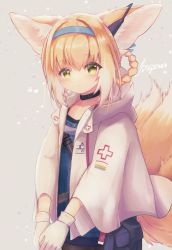 Rule 34 | 1girl, animal ears, arknights, bad id, bad pixiv id, blonde hair, blue hairband, chrocatz, closed mouth, cosplay, fox ears, fox girl, fox tail, gloves, green eyes, hairband, highres, infection monitor (arknights), jacket, multiple tails, solo, sussurro (arknights), sussurro (arknights) (cosplay), suzuran (arknights), tail, white gloves, white jacket
