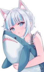 Rule 34 | 1girl, animal ear fluff, animal ears, blue eyes, blue hair, blue nails, blush, cat ears, commentary request, hugging doll, extra ears, gawr gura, gawr gura (casual), highres, hololive, hololive english, looking at viewer, nail polish, hugging object, parted lips, shin murasame, shirt, short hair, side ponytail, signature, silver hair, simple background, sleeveless, sleeveless shirt, solo, stuffed animal, stuffed shark, stuffed toy, underwear, virtual youtuber, white background, white shirt