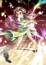 Rule 34 | beret, black bow, black footwear, bow, braid, chinese clothes, commentary request, frills, green eyes, green headwear, green shirt, green skirt, hair bow, hat, hong meiling, long hair, red hair, shirt, shoes, side slit, skirt, star (symbol), tanasuke, tangzhuang, touhou, twin braids, white shirt