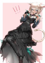 Rule 34 | 1girl, animal ears, black dress, black footwear, black gloves, black mage (final fantasy), blind, blonde hair, blue eyes, boots, breasts, cat ears, cat girl, cat tail, cross-laced footwear, d:, dress, ears down, facial mark, feather hair ornament, feathers, final fantasy, final fantasy xiv, fur trim, gloves, hair ornament, hands up, hyuu (sing-dog), jewelry, knees together feet apart, lace-up boots, long sleeves, looking at viewer, medium breasts, miqo&#039;te, open mouth, partially fingerless gloves, ring, short hair, single glove, slit pupils, solo, tail, teeth, thigh boots, thighhighs, y&#039;shtola rhul
