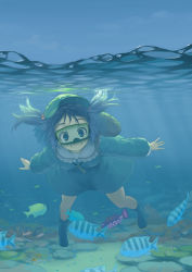Rule 34 | 1girl, absurdres, backpack, bag, blue eyes, blue hair, boots, caustics, diving mask, female focus, fish, freediving, goggles, hair bobbles, hair ornament, hat, highres, kawashiro nitori, key, kuro oolong, matching hair/eyes, randoseru, skirt, smile, solo, swimming, touhou, twintails, two side up, underwater