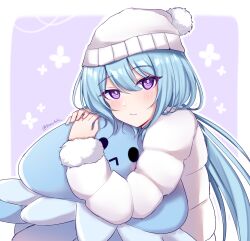 Rule 34 | 1girl, :t, absurdres, beanie, blue hair, blush, closed mouth, commentary request, floral background, fur-trimmed sleeves, fur trim, griseo, hair between eyes, hat, highres, honkai (series), honkai impact 3rd, jacket, komitaki, long hair, long sleeves, looking at viewer, purple background, purple eyes, sleeves past wrists, solo, stuffed animal, stuffed toy, twitter username, two-tone background, upper body, very long hair, white background, white hat, white jacket