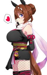 Rule 34 | 1girl, animal ears, bare shoulders, blue eyes, breasts, brown hair, closed mouth, detached sleeves, fishnets, gloves, hair between eyes, hair ornament, heart, highres, horse ears, horse girl, horse tail, japanese clothes, large breasts, looking at viewer, nerukichikatafukuma, ninja, official alternate costume, official alternate hairstyle, ponytail, scarf, simple background, smile, solo, spoken heart, super creek (umamusume), tail, umamusume, white background