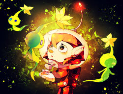 Rule 34 | 1girl, :o, backpack, bag, black background, black eyes, blue eyes, buttons, colored skin, commentary request, eyelashes, feet out of frame, flower, ghost tail, gloves, glow pikmin, glowing, green skin, helmet, jumpsuit, light blush, looking at another, nintendo, outstretched hand, parted lips, petals, pikmin (creature), pikmin (series), pikmin 4, pointy ears, radio antenna, red bag, red hair, red jumpsuit, red light, rescue officer (pikmin), shirushiki, short hair, solid circle eyes, space helmet, spacesuit, triangle, whistle, white gloves, yellow flower
