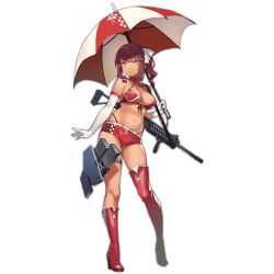 Rule 34 | 12-gauge, 1girl, ammunition, asymmetrical footwear, bikini, bikini under clothes, birdcage flash hider, boots, breasts, cleavage, criss-cross halter, dark-skinned female, dark skin, elbow gloves, extended barrel, fangdan runiu, muzzle device, full body, girls&#039; frontline, gloves, gun, hair between eyes, hair ribbon, halterneck, high heel boots, high heels, holding, holding umbrella, large breasts, long hair, looking at viewer, navel, official alternate costume, official art, one side up, purple hair, race queen, red bikini, red footwear, red shorts, ribbon, saiga-12, saiga-12 (crimson navigator) (girls&#039; frontline), saiga-12 (girls&#039; frontline), short shorts, shorts, shotgun, sidelocks, single boot, single thigh boot, skindentation, solo, stomach, swimsuit, thigh boots, thigh strap, thighhighs, transparent background, umbrella, uneven footwear, weapon, white gloves, white thighhighs, yellow eyes