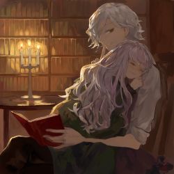 Rule 34 | 0803mm, 1boy, 1girl, black pants, blanket, blush, book, candle, candlestand, collared shirt, edmond dantes (fate), closed eyes, fate/grand order, fate (series), holding, holding book, long hair, lying, lying on person, medium hair, nursery rhyme (fate), pants, shirt, sitting, sleeping, sleeves rolled up, smile, very long hair, white hair, white shirt, yellow eyes, aged down