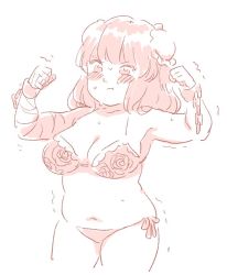 Rule 34 | &gt;:(, 1girl, :t, bandaged arm, bandages, belly, blush, blush stickers, bra, breasts, chain, cuffs, double bun, flexing, floral print, frown, hair bun, ibaraki kasen, medium breasts, mitsumoto jouji, monochrome, navel, panties, plump, pout, rose print, shackles, short hair, side-tie panties, simple background, solo, sweat, thick thighs, thighs, touhou, trembling, underwear, underwear only, v-shaped eyebrows, white background