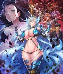 Rule 34 | 5girls, animal ears, armor, bare shoulders, black hair, blonde hair, blue hair, blush, boots, breasts, character request, creature, curvy, fire, gloves, green eyes, hat, helmet, highres, holding, holding weapon, huge breasts, katana, large breasts, lilith-soft, long hair, looking at viewer, monster, multiple boys, multiple girls, nude, obui, partially visible vulva, purple hair, red eyes, seigi no henshin-heroine wo sasaeru ore to aku no onna-kanbu, serious, shiny skin, short hair, smile, sword, tail, thong, twintails, very long hair, weapon, yellow eyes