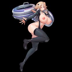 Rule 34 | 1girl, ao-2 raven, black background, blonde hair, blush, boots, breasts, breasts out, character request, feet, fingerless gloves, full body, gloves, groin, happy, holding, huge breasts, huge weapon, last origin, leg up, legs, leotard, looking at viewer, medium hair, navel, nipples, one eye closed, outstretched arm, over shoulder, parted lips, pink eyes, ponytail, raven (last origin), short ponytail, simple background, smile, solo, standing, thigh boots, thighhighs, thighs, third-party edit, unzipped, weapon, wink, zipper