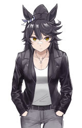 Rule 34 | 1girl, alternate costume, animal ears, bandaid, bandaid on face, bandaid on nose, belt, belt buckle, black hair, black jacket, breasts, buckle, cleavage, closed mouth, collarbone, denim, hands in pockets, highres, horse ears, jacket, jeans, jewelry, long hair, long sleeves, looking at viewer, medium breasts, narita brian (umamusume), necklace, open clothes, open jacket, pants, ponytail, shirt, simple background, solo, umamusume, white background, white shirt, yamabuki7979, yellow eyes