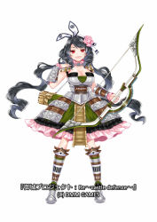 Rule 34 | arrow (projectile), black hair, bow (weapon), breasts, cleavage, commentary request, copyright name, flower, full body, hair flower, hair ornament, komakiyama (oshiro project), large breasts, official art, oshiro project:re, oshiro project:re, red eyes, ririkuto, skirt, sleeve cuffs, sleeveless, solo, twintails, wavy hair, weapon, white background