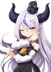 Rule 34 | 1girl, ;), absurdres, animal, animal on head, bare shoulders, bird, black dress, braid, closed mouth, commentary request, crow, crow (la+ darknesss), demon horns, detached sleeves, dress, green eyes, grey hair, hair between eyes, highres, hololive, horns, la+ darknesss, long hair, long sleeves, looking at viewer, multicolored hair, on head, one eye closed, pointy ears, puffy long sleeves, puffy sleeves, purple hair, simple background, sleeveless, sleeveless dress, smile, solo, streaked hair, taiga (ryukyu-6102-8), very long hair, virtual youtuber, white background, white sleeves, yellow eyes