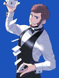Rule 34 | 1boy, alternate hairstyle, beard, bigur, blue eyes, blush, bow, bowtie, brown hair, card, facial hair, fate/grand order, fate (series), long sideburns, long sleeves, looking at viewer, male focus, napoleon bonaparte (fate), official alternate costume, pants, poker, raised eyebrows, shuffling cards, sideburns, simple background, smile, solo, teeth, uniform, vest