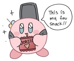 Rule 34 | bag, blush, bocchi the rock!, chips (food), cosplay, doritos, english text, food, full body, gotoh hitori, gotoh hitori (cosplay), guitar, hair bobbles, hair ornament, holding, holding bag, instrument, instrument on back, kirby, kirby (series), looking at viewer, nintendo, open mouth, simple background, speech bubble, standing, white background, yunayuispink