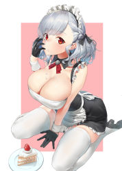 Rule 34 | 1girl, absurdres, alternate costume, bare shoulders, black gloves, breasts, cake, cleavage, commentary request, enmaided, food, fruit, girls&#039; frontline, gloves, highres, huge breasts, long hair, looking at viewer, maid, parted lips, red eyes, silver hair, skindentation, skirt, solo, spas-12 (girls&#039; frontline), strawberry, thighhighs, thighs, urrrt, white thighhighs
