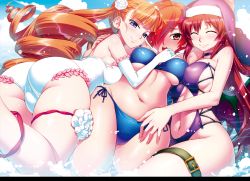 Rule 34 | 3girls, aq interactive, arcana heart, arcana heart 2, arcana heart 3, ass, atlus, bikini, blush, breasts, casual one-piece swimsuit, clarice di lanza, drill hair, earrings, elbow gloves, elsa la conti, examu, closed eyes, fat mons, girl sandwich, gloves, habit, hair over one eye, jewelry, koume keito, long hair, multiple girls, navel, one-piece swimsuit, petra johanna lagerkvist, sandwiched, short hair, side-tie bikini bottom, sideboob, smile, swimsuit, thigh strap, trefoil, underboob, very long hair, white one-piece swimsuit, yuri