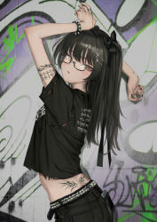 Rule 34 | 1girl, absurdres, arm tattoo, back tattoo, bad id, bad twitter id, belt, black-framed eyewear, black bow, black hair, black nails, black pants, black shirt, blouse, blush, bow, bracelet, breasts, cellphone, cowboy shot, cross hair ornament, fingernails, from side, gishiki (gshk), glasses, graffiti, green eyes, hair bow, hair ornament, hairclip, hand up, hands up, highres, jewelry, long hair, looking at viewer, multiple rings, nail polish, neck tattoo, original, pants, parted lips, phone, ring, semi-rimless eyewear, shirt, short sleeves, smartphone, solo, spiked bracelet, spikes, standing, studded belt, tattoo, torn clothes, torn sleeves, two side up, under-rim eyewear