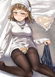 Rule 34 | 10s, 1girl, arm support, black pantyhose, blunt bangs, blush, breasts, brown eyes, brown hair, commentary request, embarrassed, eyebrows, food, food on body, food on clothes, food on legs, glasses, gurande (g-size), gyuudon, highres, holding, holding clothes, holding skirt, kantai collection, leaning back, long sleeves, looking at viewer, medium breasts, miniskirt, no pants, no shoes, pantyhose, penis, pince-nez, pleated skirt, ribbed sweater, rice, roma (kancolle), sexually suggestive, sitting, skirt, unworn skirt, sleeves past wrists, solo, steam, sweater, thighband pantyhose, turtleneck, wakamezake, wavy hair, white-framed eyewear, white sweater, zoom layer