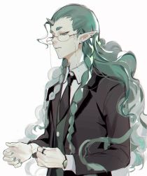 Rule 34 | 1boy, adjusting clothes, bespectacled, black jacket, black necktie, bracelet, braid, collared shirt, curly hair, denpa0304, diting (the legend of luoxiaohei), earrings, eyewear strap, formal, glasses, green eyes, green hair, green nails, hair over shoulder, hair slicked back, half-closed eyes, highres, horns, jacket, jewelry, long hair, long sleeves, looking away, looking down, male focus, nail polish, necktie, pointy ears, ring, shirt, simple background, single horn, solo, suit, luo xiaohei zhanji, twin braids, upper body, white background, white shirt