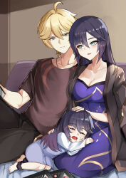 Rule 34 | 1boy, 2girls, absurdres, aether (genshin impact), aged up, ahoge, black hair, black pants, blonde hair, blue dress, blue nails, blue pajamas, breasts, brown shirt, cleavage, closed eyes, commentary, dress, drooling, family, genshin impact, green eyes, hair down, highres, if they mated, jacket, jacket on shoulders, lap pillow, long hair, looking at another, lying, lying on lap, medium breasts, mona (genshin impact), multiple girls, on side, open mouth, pajamas, pants, purple dress, saliva, shirt, sitting, sleeping, tian kazuki, yellow eyes