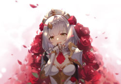 Rule 34 | 1girl, :d, absurdres, armor, ascot, blunt bangs, braid, breastplate, breasts, cleavage, commentary request, covering own mouth, detached collar, floral background, flower, gauntlets, genshin impact, green eyes, grey hair, hair ornament, highres, jndfh, long sleeves, looking at viewer, maid, maid headdress, medium breasts, noelle (genshin impact), open mouth, red flower, red rose, rose, short hair, shoulder armor, sidelocks, simple background, single braid, smile, solo