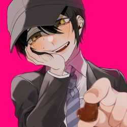 Rule 34 | 1boy, black hair, black hat, black jacket, blouse, blush, brown eyes, candy, chocolate, chocolate heart, collared shirt, commentary request, danganronpa (series), danganronpa v3: killing harmony, fangs, food, hair between eyes, hand on own cheek, hand on own face, hat, heart, highres, jacket, long sleeves, looking at viewer, male focus, necktie, niwatori panda, official alternate costume, open mouth, pink background, saihara shuichi, shirt, short hair, simple background, smile, solo, striped, striped necktie, sweat, teeth, upper body, white shirt