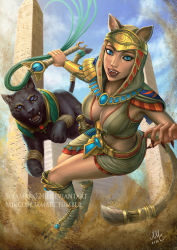 Rule 34 | 1girl, animal ears, artist name, bandages, bastet (smite), blue eyes, breasts, cat, cat ears, cat tail, cleavage, cloud, dated, day, fangs, gem, highres, hood, nail polish, sand, sciamano240, sky, smite, solo, sword, tail, teeth, weapon, whip