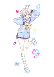 Rule 34 | 1boy, absurdres, ahoge, blonde hair, blue eyes, blue hair, blue shirt, bow, chouzetsusaikawa tenshi-chan, full body, genderswap, genderswap (ftm), guanfangrenzhenglimulucp, heart, highres, holographic clothing, long sleeves, looking at viewer, male focus, multicolored hair, needy girl overdose, one eye closed, open mouth, pink hair, sailor collar, school uniform, serafuku, shirt, shoes, short hair, shorts, simple background, smile, solo, standing, white background, yellow bow