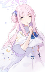 1girl blue_archive blush bow bowtie breasts buttons capelet double-breasted dress enosan feathered_wings flower hair_bun hair_flower hair_ornament hair_scrunchie halo highres index_finger_raised large_breasts long_hair looking_at_viewer low_wings mika_(blue_archive) one_eye_closed pink_hair scrunchie sidelocks single_side_bun smile solo white_capelet white_dress wings yellow_eyes