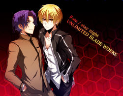 Rule 34 | 2boys, bad id, bad pixiv id, blonde hair, blue eyes, blue hair, casual, copyright name, fate/stay night, fate (series), gilgamesh (fate), homurahara academy school uniform, honeycomb (pattern), honeycomb background, honeycomb pattern, male focus, matou shinji, multiple boys, official alternate costume, purple hair, red background, red eyes, school uniform, short hair, uka (color noise), wavy hair