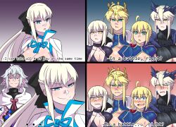 Rule 34 | 1boy, 5girls, ahoge, artoria pendragon (all), artoria pendragon (fate), artoria pendragon (lancer) (fate), artoria pendragon (lancer alter) (fate), blush, bow, breasts, crown, english text, fate/grand order, fate (series), for the better right? (meme), green eyes, grey hair, hair bow, highres, huge breasts, implied futanari, implied incest, large breasts, meme, merlin (fate), morgan le fay (fate), multiple girls, multiple persona, nervous smile, nervous sweating, open mouth, pale skin, saber (fate), saber alter, siblings, sisters, smile, sweat, sweatdrop, ukaya masaru, upper body, yellow eyes, yuri