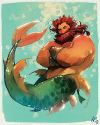 Rule 34 | 1boy, air bubble, bara, beard, brown hair, bubble, ego rodriguez (egothego), facial hair, fins, full beard, full body, grin, head fins, large pectorals, long beard, long hair, looking at viewer, male focus, mature male, merman, mermay 2024, monster boy, muscular, muscular male, pectorals, smile, solo, strongman waist, thick arms, thick beard, thick eyebrows, underwater