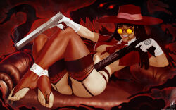 Rule 34 | 1girl, alucard (hellsing), armpits, ass, bare shoulders, black hair, black panties, blunt bangs, breasts, cameltoe, cleft of venus, commentary, couch, cross, crossed legs, detached collar, dual wielding, english commentary, feet, garter belt, genderswap, genderswap (mtf), gloves, grin, gun, half-closed eye, handgun, hellsing, hellsing arms .454 casull auto, hellsing arms 13mm auto anti-freak combat pistol: jackal, highres, holding, holding gun, holding weapon, knees up, lips, long hair, looking at viewer, medium breasts, necktie, nipples, no shoes, on couch, orange eyes, panties, pentagram, pistol, reclining, red garter belt, red headwear, red necktie, red thighhighs, round eyewear, sitting, skindentation, smile, solo, themaestronoob, thighhighs, thighs, toeless legwear, toes, underwear, variant set, weapon, white gloves