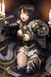 Rule 34 | 1girl, armor, black hair, bob cut, boots, grabbing another&#039;s breast, breasts, broken, broken armor, broken sword, broken weapon, candle, candlelight, defeat, erika (shadowverse), grabbing, highres, katana, medium breasts, nipples, one breast out, one eye closed, open mouth, pauldrons, purple eyes, saboten (pixiv id 11975246), shadowverse, short hair, shoulder armor, shoulder pads, skirt, slime, sword, tears, tentacles, tentacles under clothes, thigh boots, thighhighs, tile floor, tiles, torn clothes, weapon