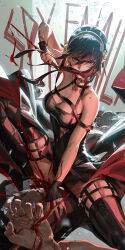 Rule 34 | 1girl, bare shoulders, black dress, black gloves, black hair, black thighhighs, blood, breasts, cleavage, dagger, dress, fingerless gloves, gloves, gold hairband, hair ornament, hairband, highres, holding, holding weapon, knife, large breasts, liang xing, long hair, looking at viewer, red eyes, sidelocks, signature, solo, spy x family, thighhighs, thighs, weapon, yor briar