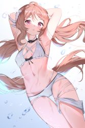 Rule 34 | 1girl, :o, ahoge, animal ears, arknights, armpits, arms behind head, arms up, bikini, black choker, blue background, bluerabbit gap, blush, breasts, brown hair, choker, commentary, cowboy shot, eyjafjalla (arknights), gradient background, highres, horns, long hair, looking at viewer, navel, open mouth, pink eyes, sheep ears, sheep horns, small breasts, solo, stomach, swimsuit, thighs, water drop, white background, white bikini
