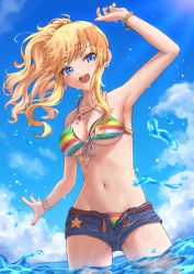 1girl absurdres armpits bikini blonde_hair blue_eyes blue_sky bracelet breasts cloud commentary_request day denim denim_shorts dutch_angle earrings flower_earrings high_ponytail highres idolmaster idolmaster_cinderella_girls jewelry large_breasts long_hair looking_at_viewer multicolored_bikini nail_polish navel ocean ohtsuki_yui open_mouth outdoors pink_nails ponytail shorts simoumi_217 sky solo string_bikini striped_bikini striped_clothes swimsuit water wet