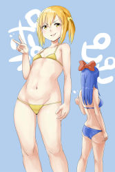 Rule 34 | 10s, 2girls, ass, back-to-back, bikini, blonde hair, blue background, blue bikini, blue hair, bow, contrapposto, cowboy shot, flat chest, hair bow, highres, kntrs (knyrs), long hair, looking at viewer, looking away, lowleg, lowleg bikini, multiple girls, pipimi, poptepipic, popuko, red bow, short hair, standing, swimsuit, thumbs up, twintails, v, yellow bikini, yellow eyes