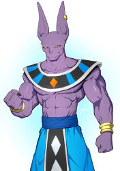 Rule 34 | 1boy, abs, beerus, colored sclera, colored skin, dragon ball, furry, highres, jewelry, looking at viewer, male focus, muscular, muscular arms, muscular male, necklace, ornament, pectorals, purple skin, rabbit ears, solo, uniform, veins, yellow sclera