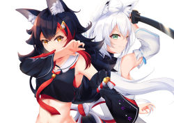 Rule 34 | 2girls, absurdres, ahoge, animal ear fluff, animal ears, arms up, back-to-back, black hair, black shirt, blue neckerchief, breasts, claw pose, crop top, detached sleeves, fox ears, fox girl, green eyes, hair between eyes, hair ornament, hairclip, highres, holding, holding sword, holding weapon, hololive, hololive alternative, hood, hoodie, huge filesize, katana, looking at viewer, medium breasts, midriff, multicolored hair, multiple girls, navel, neckerchief, ookami mio, ookami mio (1st costume), outstretched arm, red hair, red neckerchief, shiinochi, shirakami fubuki, shirakami fubuki (1st costume), shirt, sidelocks, simple background, small breasts, smile, streaked hair, sword, two-tone hair, upper body, virtual youtuber, weapon, white background, white hair, white hoodie, wolf ears, wolf girl, yellow eyes