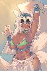 Rule 34 | 1girl, abs, amputee, animal ears, apron, armpits, bikini, blush, bracelet, breasts, cleavage, curvy, dark-skinned female, dark skin, day, fang, gloves, green bikini, highres, huge breasts, jewelry, long hair, looking at viewer, maid apron, menu, muscular, muscular female, arm up, open mouth, original, pincerpencil, red eyes, smile, solo, sunglasses, sunglasses on head, swimsuit, tail, thick thighs, thighs, tray, very long hair, waitress, white hair, wide hips