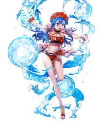 Rule 34 | 1girl, bare arms, bikini, blue eyes, blue hair, breasts, bunbun, fire emblem, fire emblem: the binding blade, fire emblem heroes, flower, full body, hair ornament, head wreath, hibiscus, highres, holding, leg up, lilina (fire emblem), lilina (summer) (fire emblem), long hair, medium breasts, navel, nintendo, official art, open mouth, palm leaf, red bikini, sandals, solo, stomach, swimsuit, thighs, toes, transparent background, water, water drop