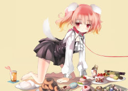 Rule 34 | 10s, 1girl, all fours, animal collar, animal ears, ascot, barefoot, bdsm, blush, bondage, bound, cake, candy, cherry, collar, dog ears, dog tail, doughnut, dress, drinking straw, dumpling, fake animal ears, food, fruit, fuyouchu, highres, inu x boku ss, kemonomimi mode, lollipop, long sleeves, name tag, open mouth, package, pink eyes, pink hair, rope, roromiya karuta, short hair, simple background, slave, snack, solo, tail, twintails, water