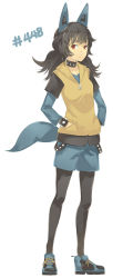 Rule 34 | 1girl, :&lt;, black hair, character request, choker, creatures (company), full body, game freak, gen 4 pokemon, hands in pockets, highres, hood, hoodie, lucario, nintendo, pan8, pantyhose, personification, pokemon, shoes, simple background, sleeveless, sleeveless hoodie, sneakers, solo, spiked choker, spikes, white background