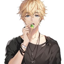 Rule 34 | 1boy, black shirt, blonde hair, blue eyes, candy, earrings, food, hair between eyes, jewelry, love and producer, male focus, musu0626, necklace, ring, shirt, simple background, solo, torn clothes, torn shirt, upper body, watch, white background, wristwatch, zhou quiluo