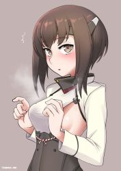 Rule 34 | 1girl, blush, breasts, brown eyes, brown hair, cypress, grey background, headband, headgear, kantai collection, long sleeves, looking at viewer, parted lips, short hair, sideboob, simple background, small breasts, solo, steam, taihou (kancolle), twitter username, upper body