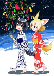 Rule 34 | 10s, 2girls, :d, alternate costume, animal ears, bad id, bad pixiv id, bamboo shoot, barefoot sandals (jewelry), black hair, blonde hair, commentary, common raccoon (kemono friends), extra ears, fang, feet, fennec (kemono friends), floral print, food, fox ears, fox tail, fruit, full body, grey hair, half-closed eyes, japanese clothes, kanimura ebio, kemono friends, kimono, leaf, long sleeves, looking at another, multicolored hair, multiple girls, open mouth, plant, raccoon ears, raccoon tail, sandals, short hair, smile, tail, tanabata, tanzaku, walking, watermelon, wide sleeves, zouri